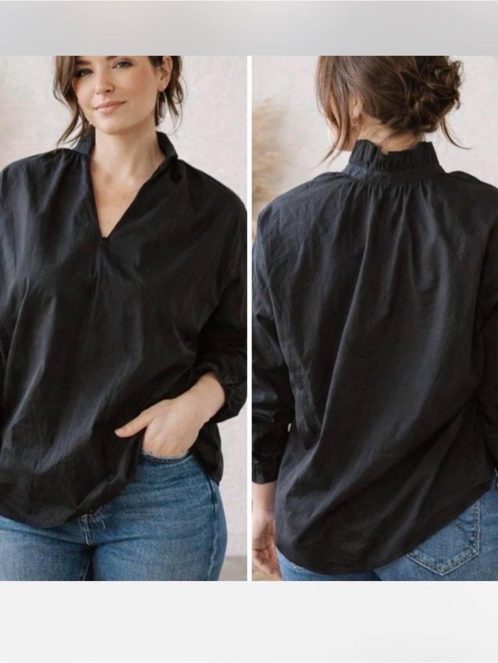 A Shirt Thing Penelope Top M/L Ruffle V Neck Long Sleeve Black Minimalist Classy - Picture 1 of 5